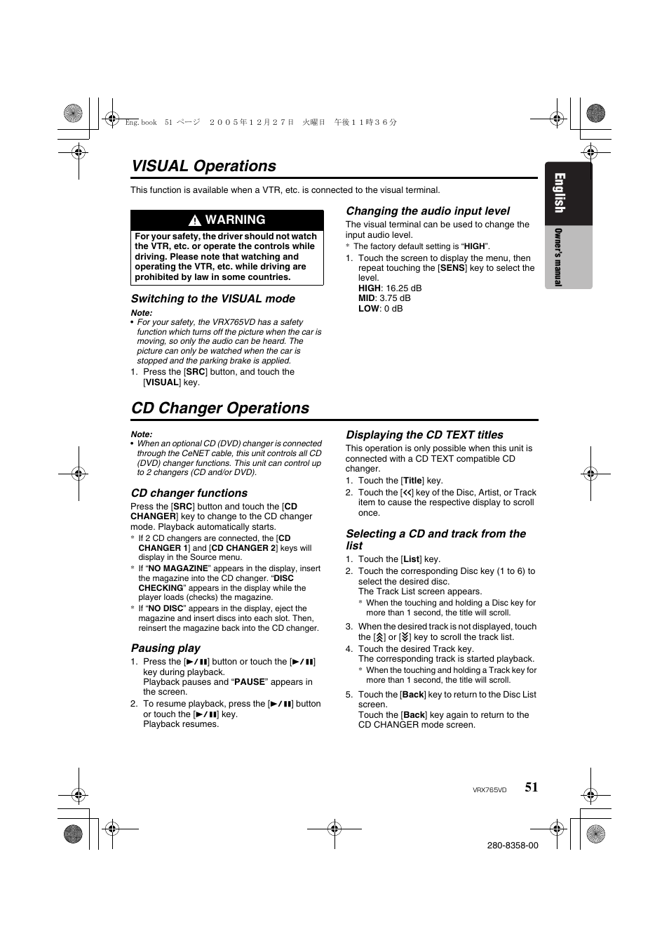 Visual operations, Cd changer operations, English | Warning | Clarion VRX765VD User Manual | Page 49 / 75