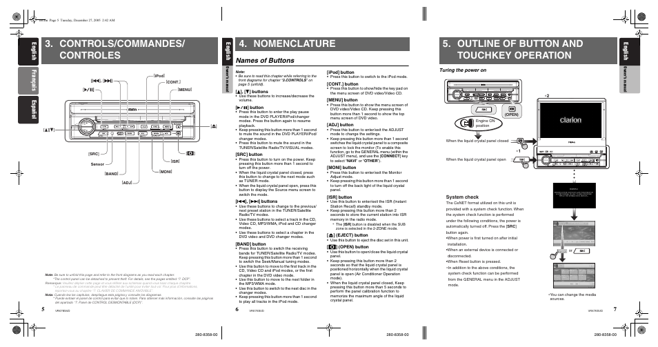 Outline of button and touchkey operation, Controls/commandes/ controles, Nomenclature | Names of buttons, English, English f rançais e spañol english | Clarion VRX765VD User Manual | Page 5 / 75