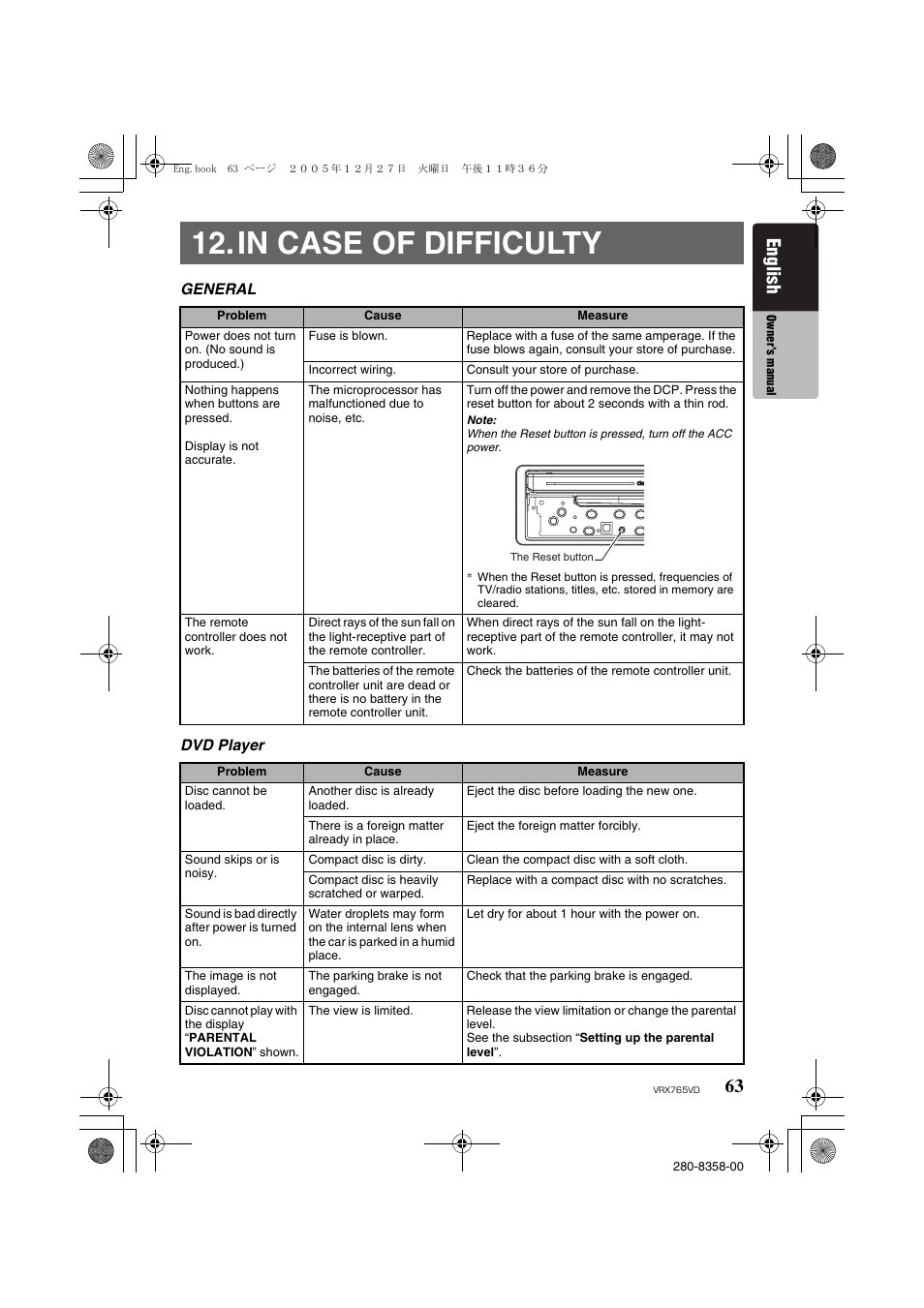 In case of difficulty, English | Clarion VRX765VD User Manual | Page 61 / 75
