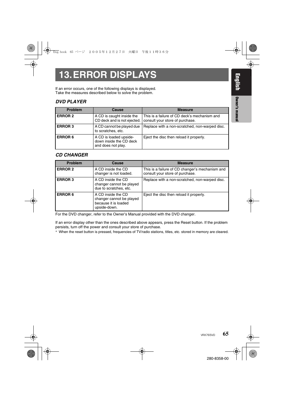 Error displays, English | Clarion VRX765VD User Manual | Page 63 / 75