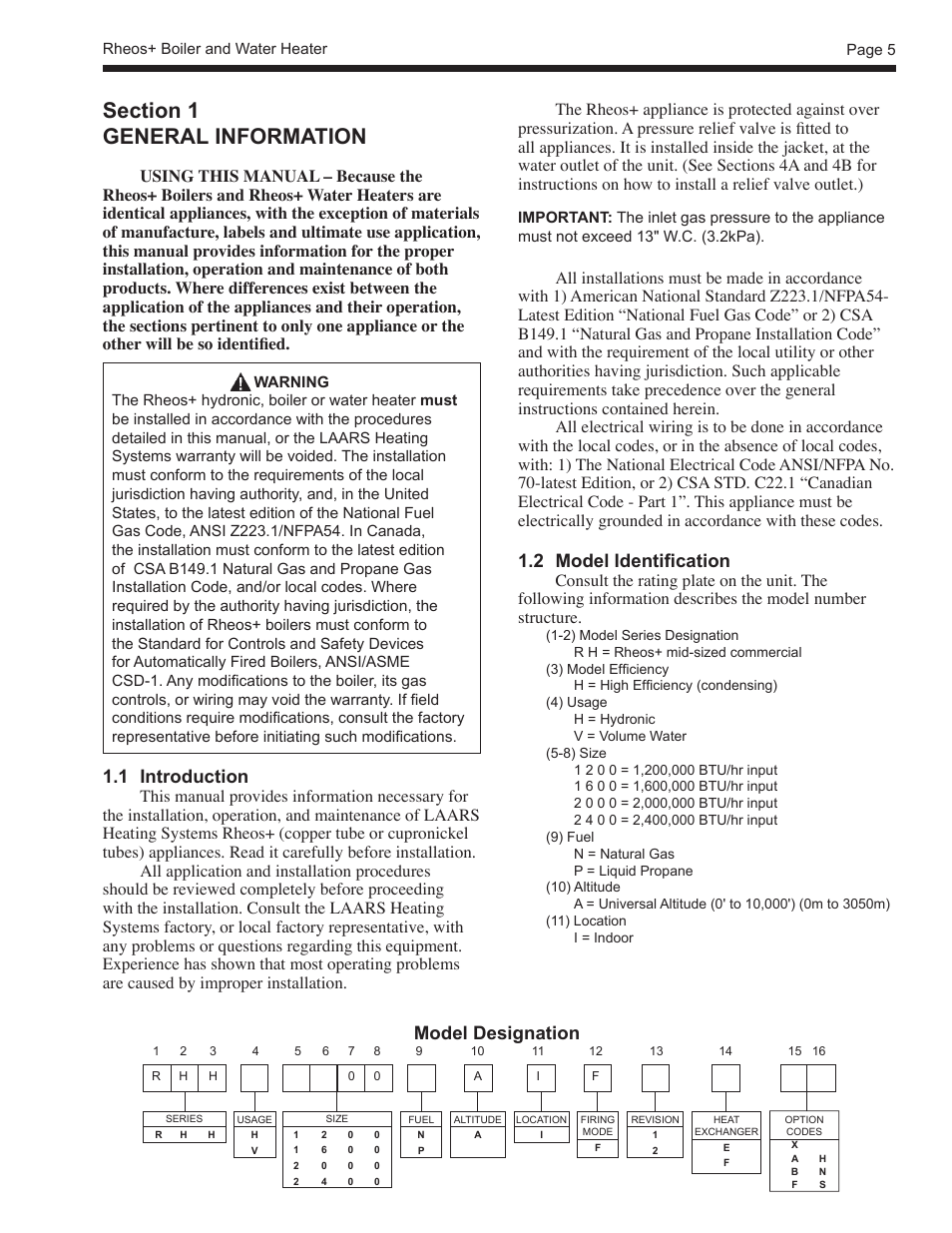 1 introduction, 2 model identification, Model designation | LAARS Rheos+ RHHV - Install and Operating Manual User Manual | Page 6 / 57