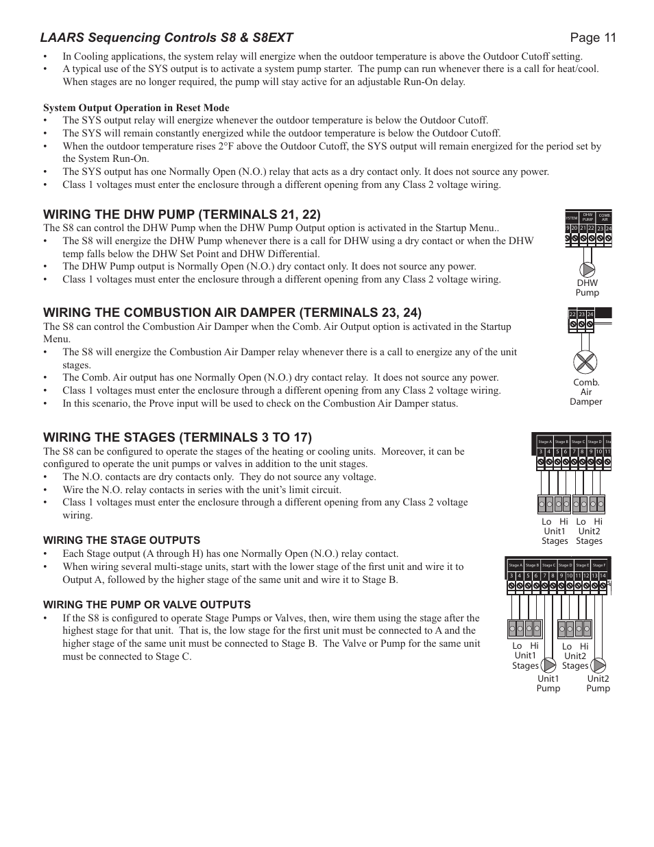 Page 11 laars sequencing controls s8 & s8ext, Wiring the dhw pump (terminals 21, 22), Wiring the stages (terminals 3 to 17) | Lo hi unit1 stages lo hi unit2 stages | LAARS S8Ext - Installation Manual User Manual | Page 11 / 36