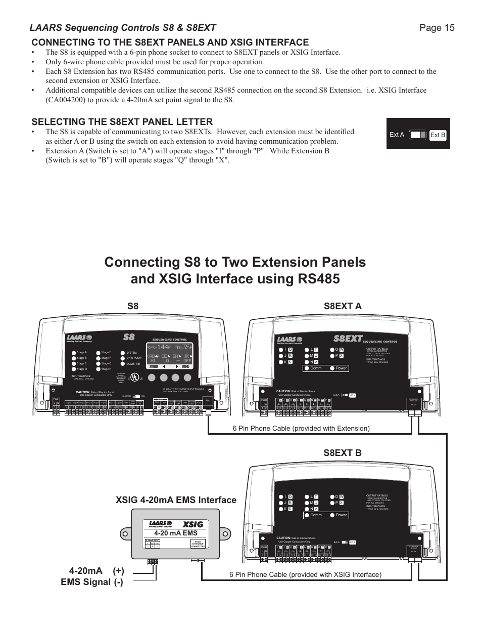 S8ext a, S8ext b, S8ext | Xsig, 20 ma ems, F od, F<ab > de gh jk hi lo -- off, Op power, Selecting the s8ext panel letter, System dhw pump | LAARS S8Ext - Installation Manual User Manual | Page 15 / 36