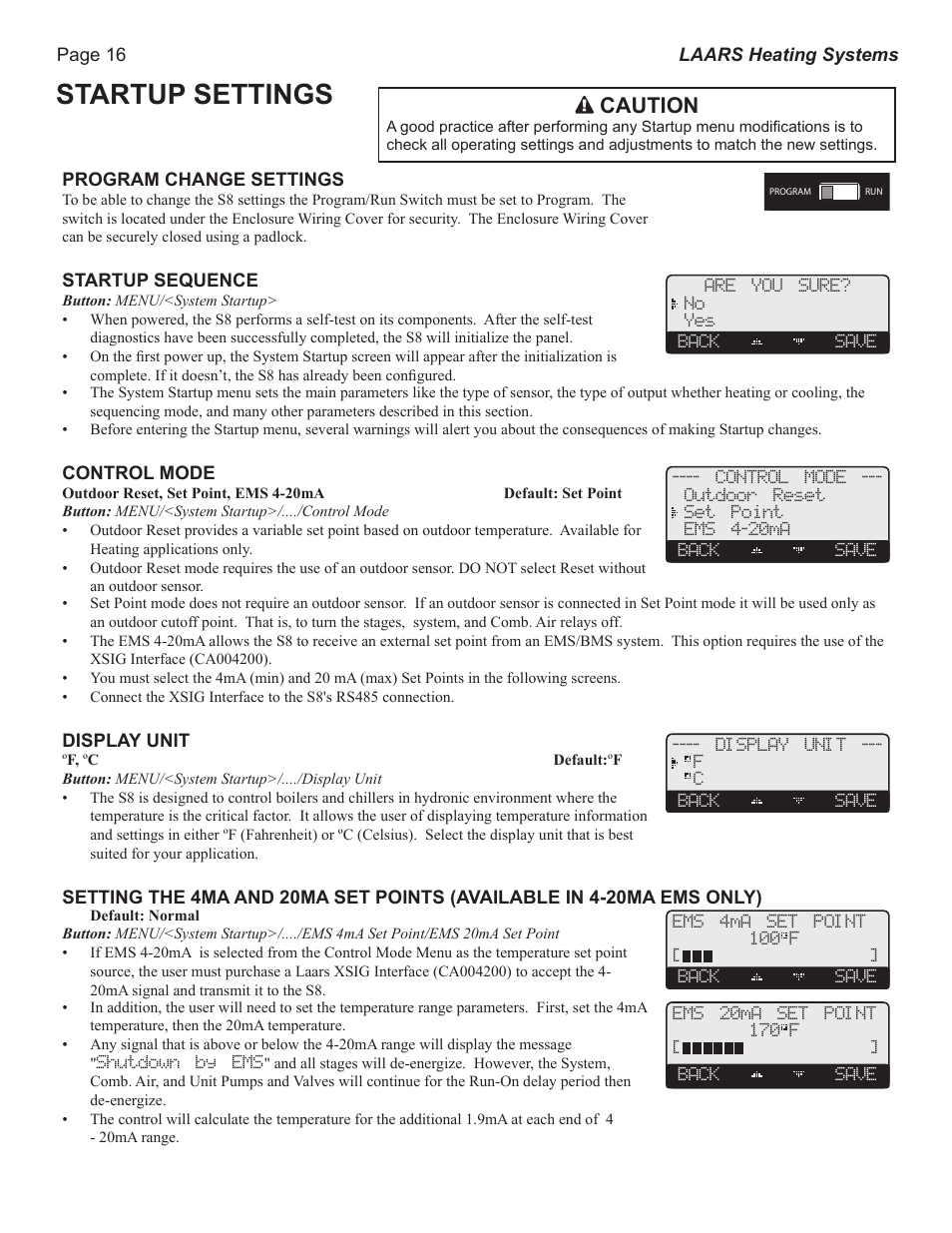 S8ext a, S8ext b, S8ext | Xsig, 20 ma ems, Startup settings, Caution, F od, F<ab > de gh jk hi lo -- off, Op power | LAARS S8Ext - Installation Manual User Manual | Page 16 / 36