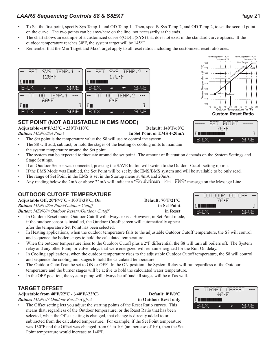 Page 21 laars sequencing controls s8 & s8ext, Set point (not adjustable in ems mode), Outdoor cutoff temperature | Target offset | LAARS S8Ext - Installation Manual User Manual | Page 21 / 36