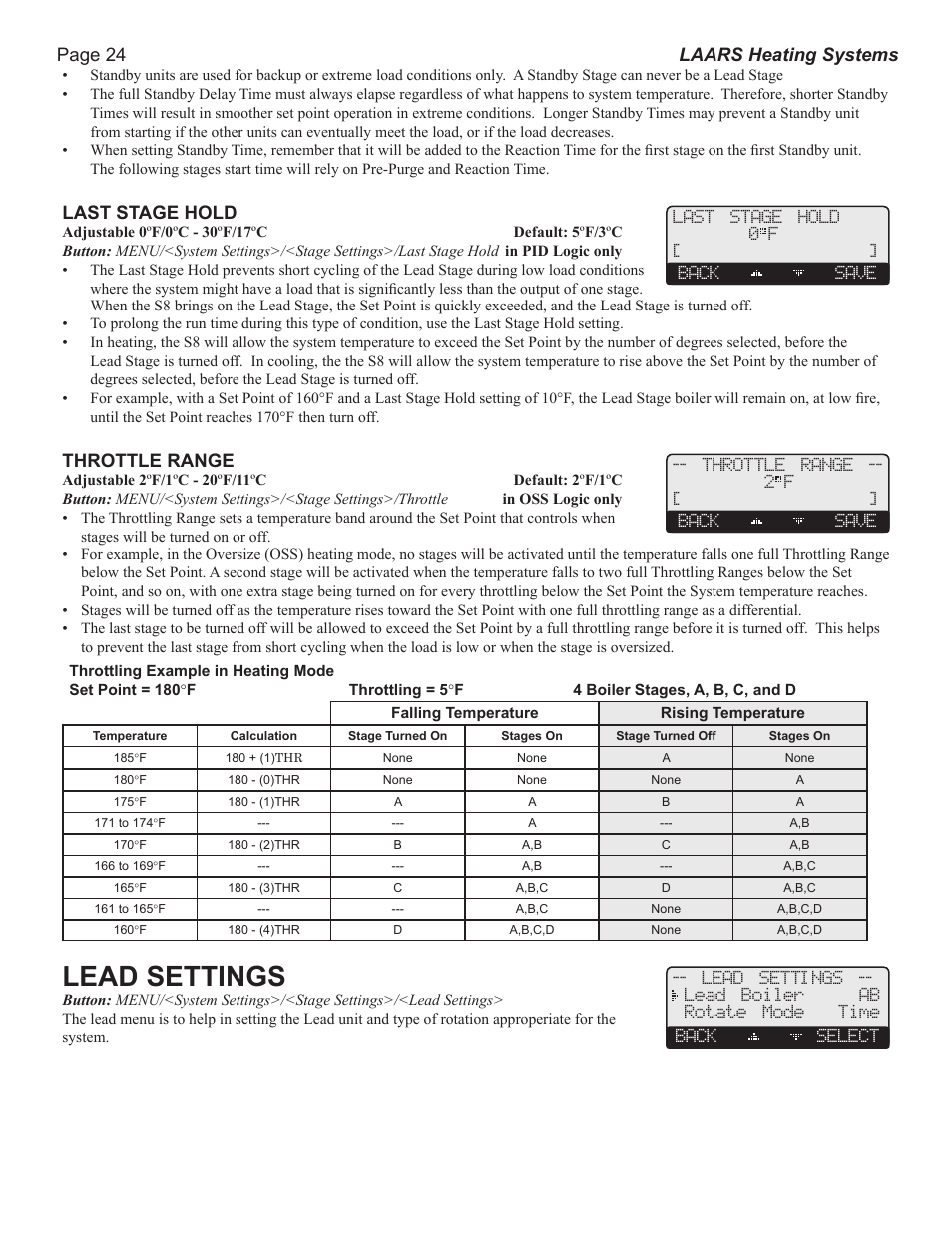 Lead settings, Page 24 laars heating systems, Last stage hold | Throttle range | LAARS S8Ext - Installation Manual User Manual | Page 24 / 36