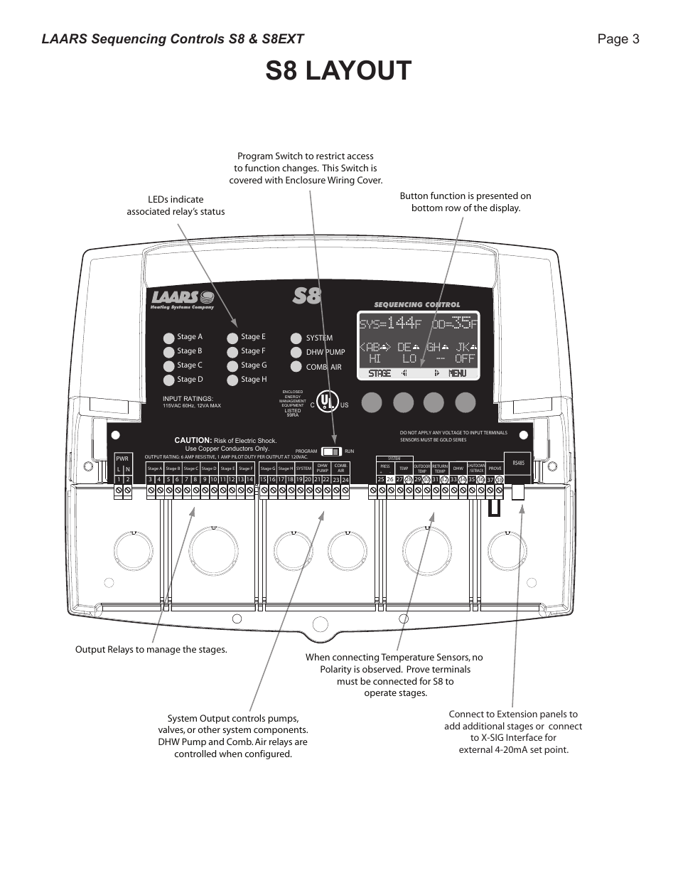 S8 layout, Page 3 laars sequencing controls s8 & s8ext, F od | F<ab > de gh jk hi lo -- off | LAARS S8Ext - Installation Manual User Manual | Page 3 / 36