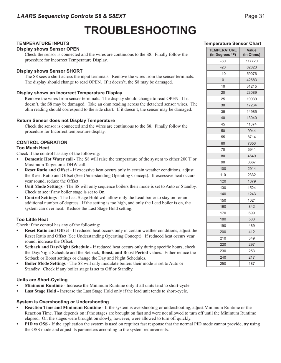 Troubleshooting, Page 31 laars sequencing controls s8 & s8ext | LAARS S8Ext - Installation Manual User Manual | Page 31 / 36