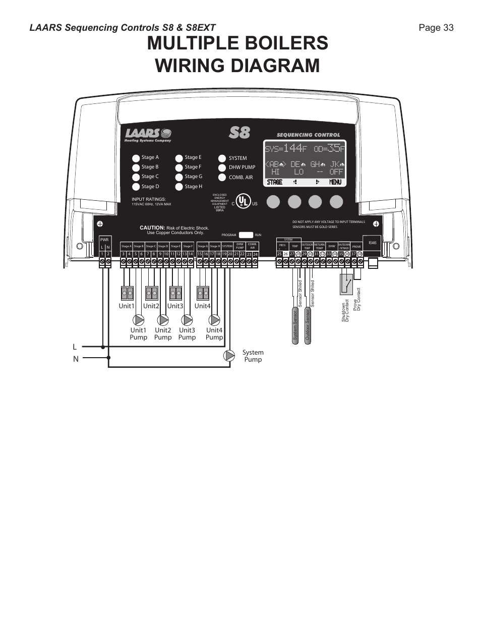 Multiple boilers wiring diagram, Page 33 laars sequencing controls s8 & s8ext, Unit1 | Unit1 pump system pump, Unit2, Unit2 pump, Unit3, Unit3 pump unit4 unit4 pump | LAARS S8Ext - Installation Manual User Manual | Page 33 / 36