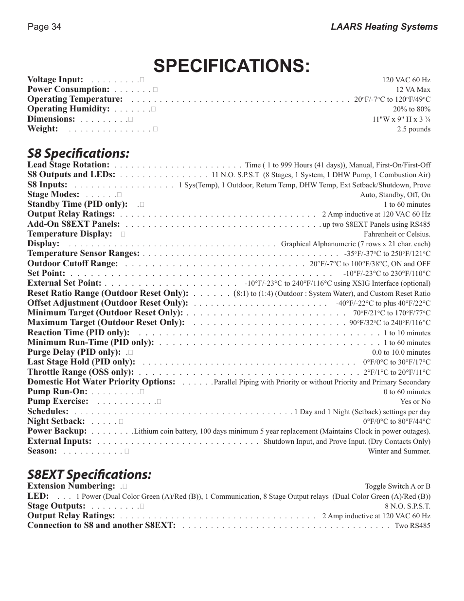 Specifications, S8 speciﬁcations, S8ext speciﬁcations | LAARS S8Ext - Installation Manual User Manual | Page 34 / 36