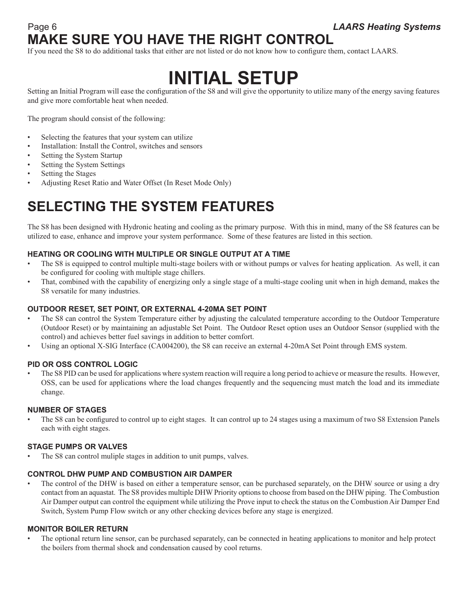 Initial setup, Make sure you have the right control, Selecting the system features | LAARS S8Ext - Installation Manual User Manual | Page 6 / 36