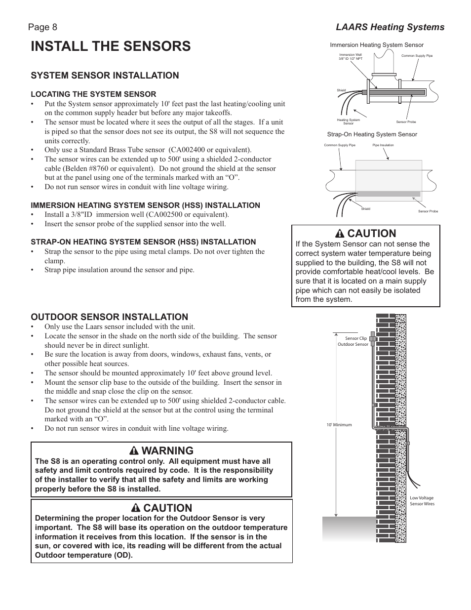 Install the sensors, Caution, Warning | Page 8 laars heating systems, System sensor installation, Outdoor sensor installation | LAARS S8Ext - Installation Manual User Manual | Page 8 / 36