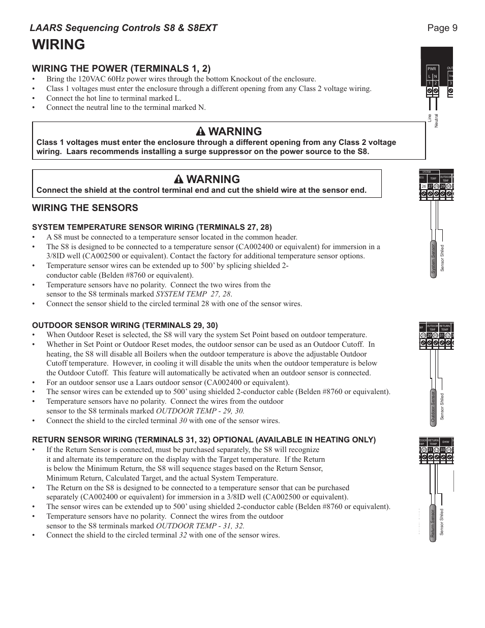 Wiring, Warning, Page 9 laars sequencing controls s8 & s8ext | Wiring the power (terminals 1, 2), Wiring the sensors, Lo hi unit1 stages lo hi unit2 stages | LAARS S8Ext - Installation Manual User Manual | Page 9 / 36