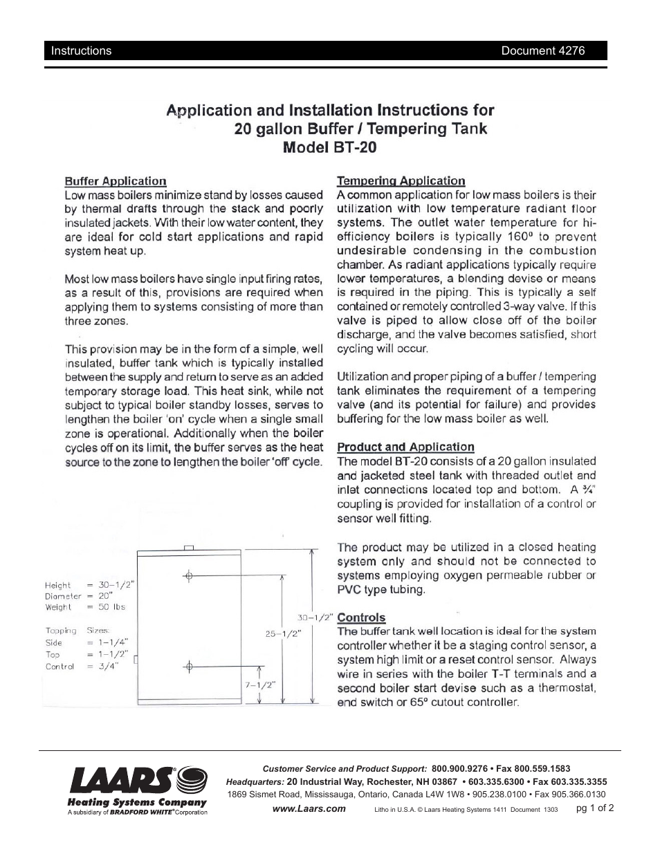LAARS BT-20 - Installation Manual User Manual | 2 pages