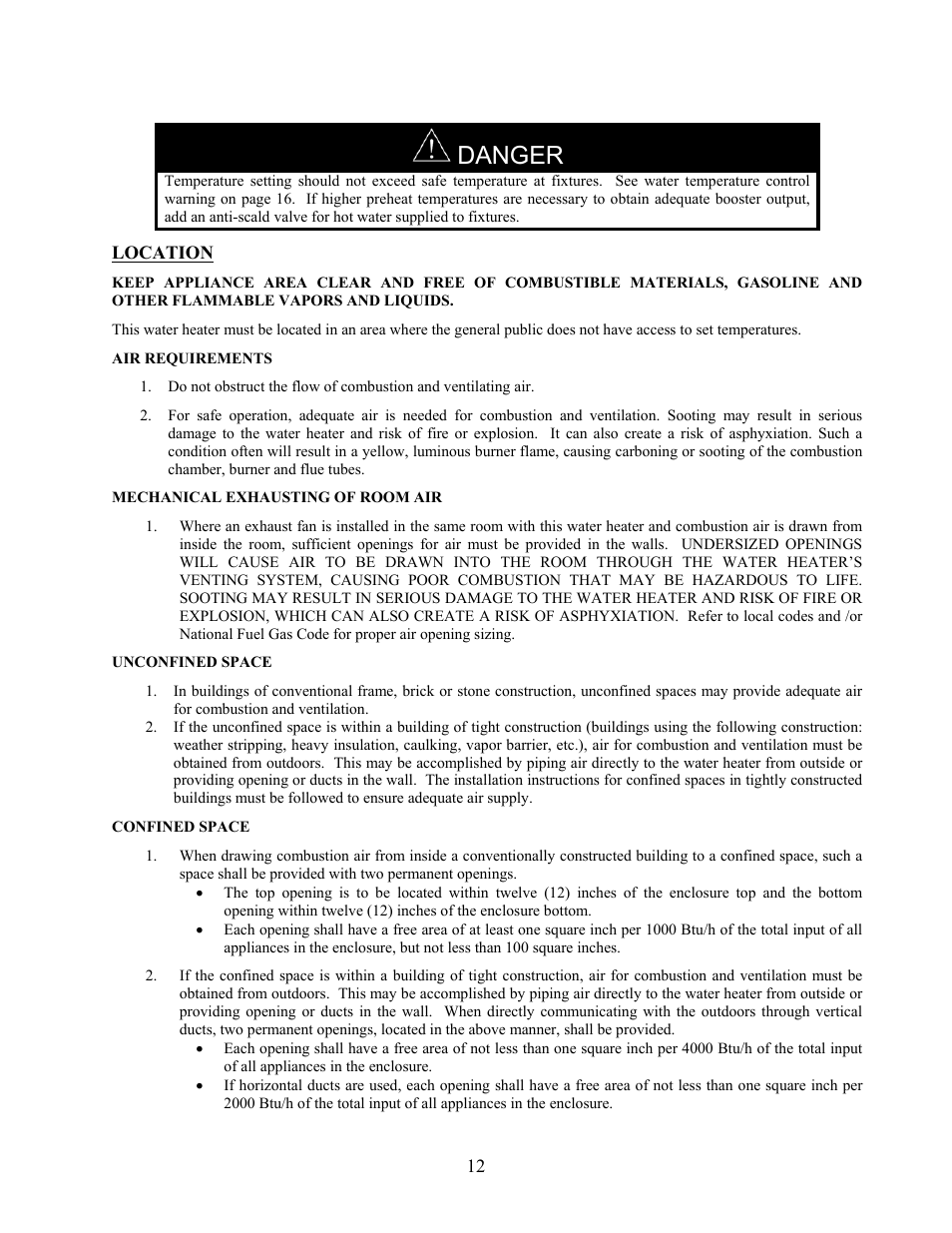 Location, Air requirements, Mechanical exhausting of room air | Unconfined space, Confined space, Danger | LAARS U.H.E. - Installation Manual User Manual | Page 12 / 48