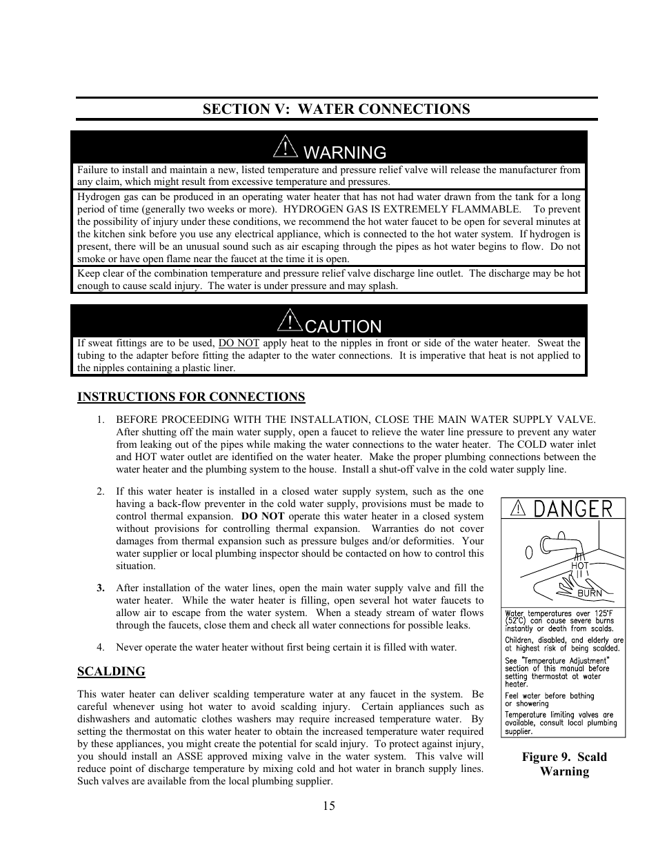 Section v: water connections, Instructions for connections, Warning | Caution | LAARS U.H.E. - Installation Manual User Manual | Page 15 / 48