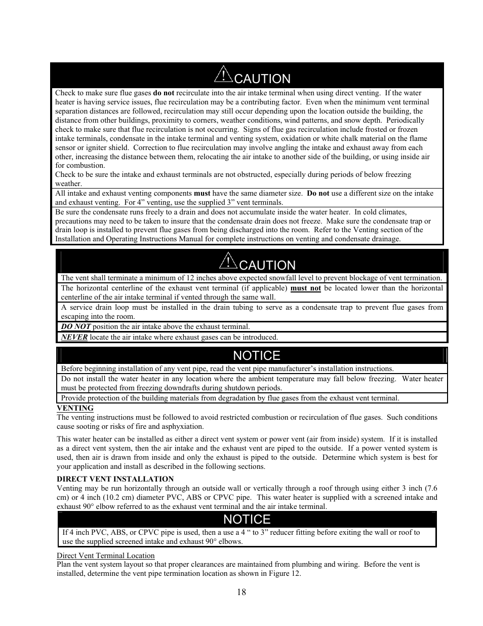Venting, Caution, Notice | LAARS U.H.E. - Installation Manual User Manual | Page 18 / 48
