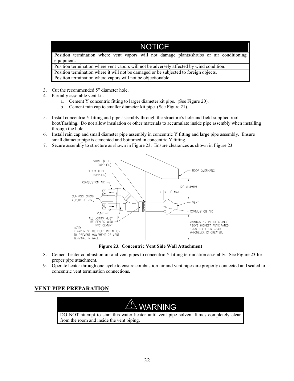 Vent pipe preparation, Notice, Warning | LAARS U.H.E. - Installation Manual User Manual | Page 32 / 48