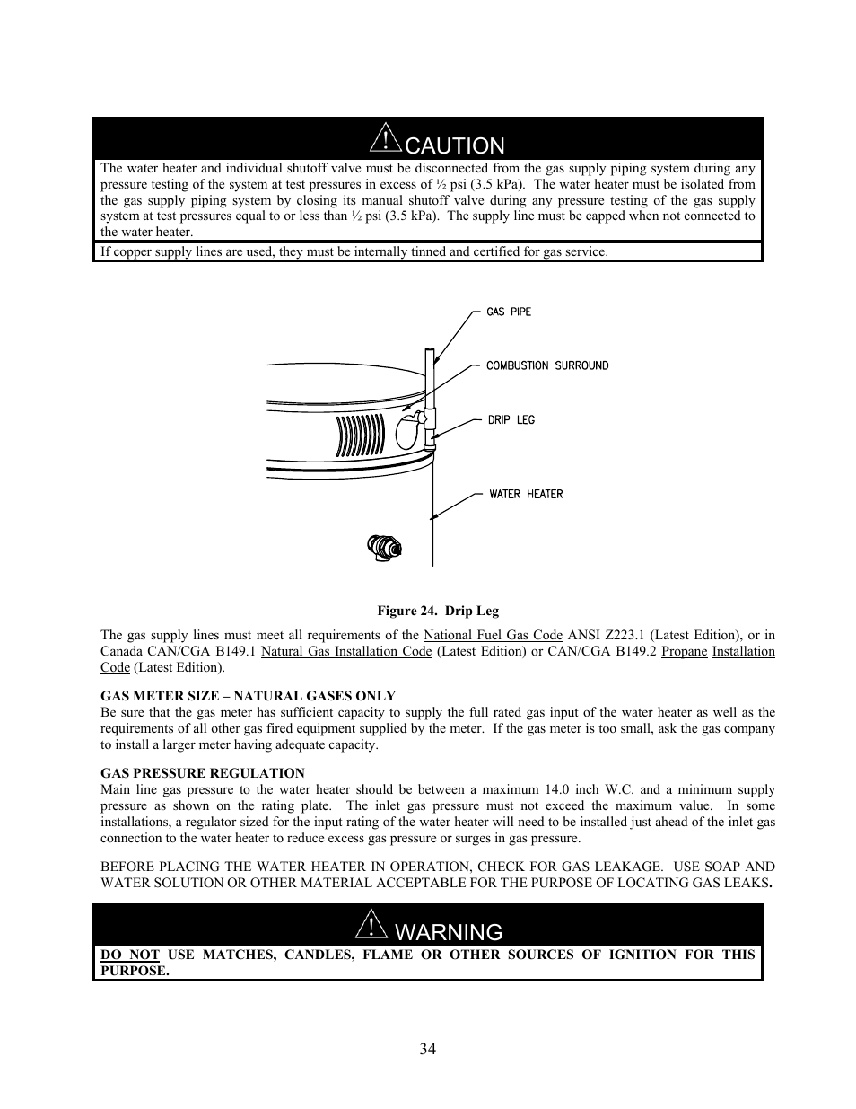 Gas meter size – natural gases only, Gas pressure regulation, Caution | Warning | LAARS U.H.E. - Installation Manual User Manual | Page 34 / 48