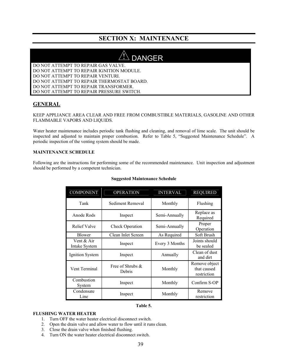 Section x: maintenance, General, Danger | LAARS U.H.E. - Installation Manual User Manual | Page 39 / 48