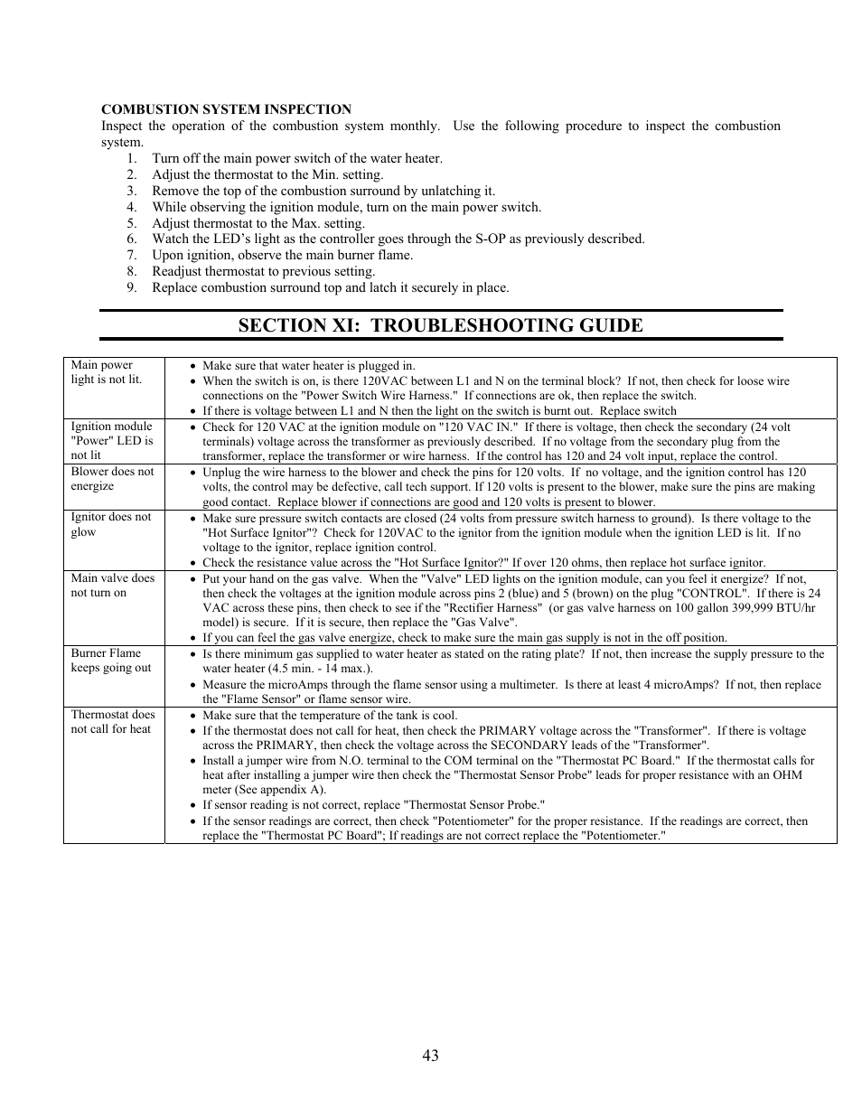 Section xi: troubleshooting guide | LAARS U.H.E. - Installation Manual User Manual | Page 43 / 48