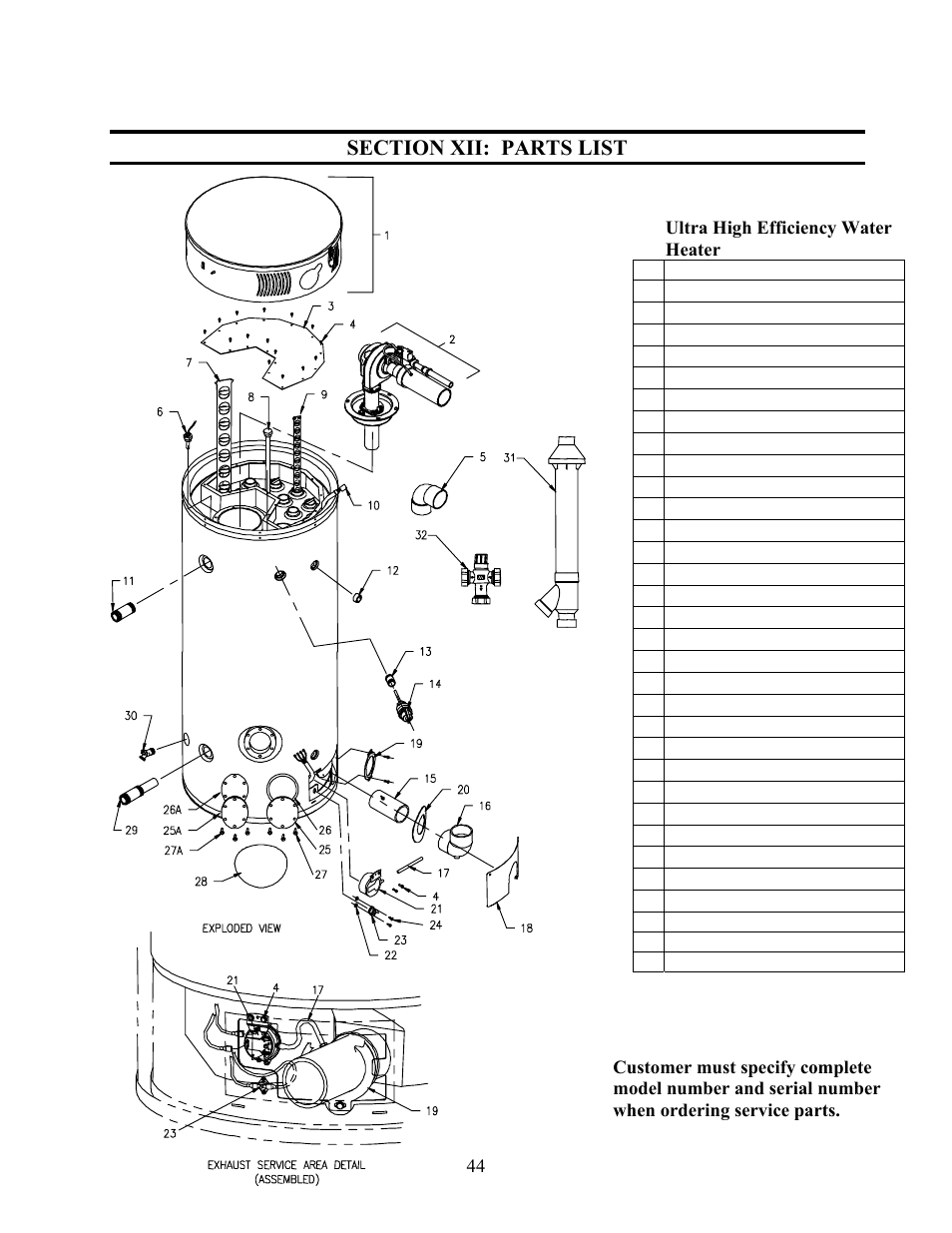 Section xii: parts list | LAARS U.H.E. - Installation Manual User Manual | Page 44 / 48