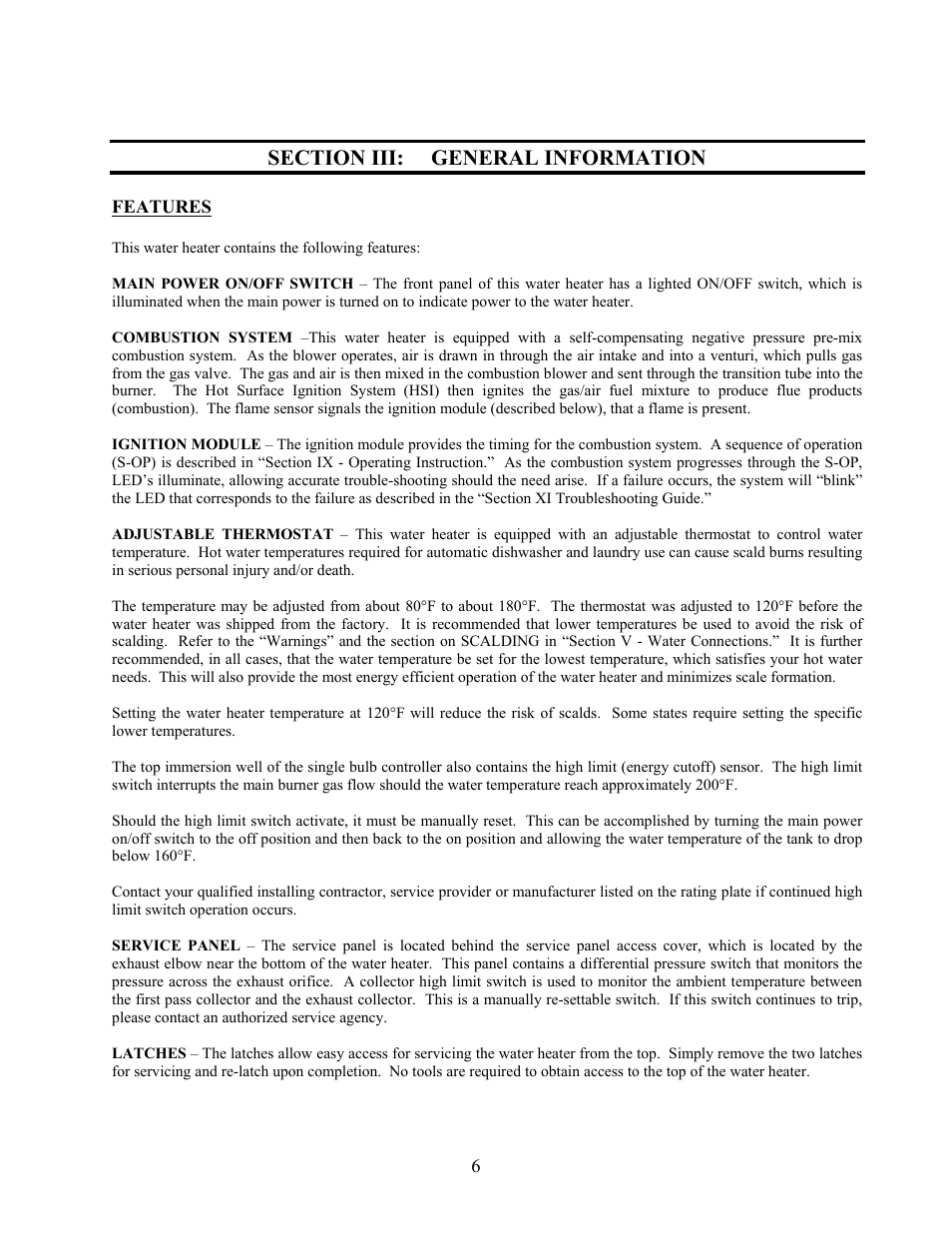 Section iii: general information, Features | LAARS U.H.E. - Installation Manual User Manual | Page 6 / 48