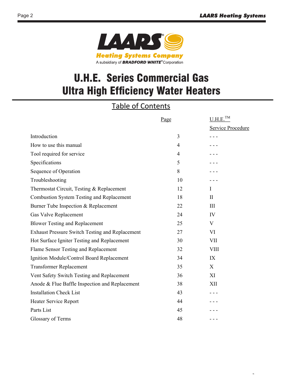 LAARS U.H.E. - Service Manual User Manual | Page 2 / 48