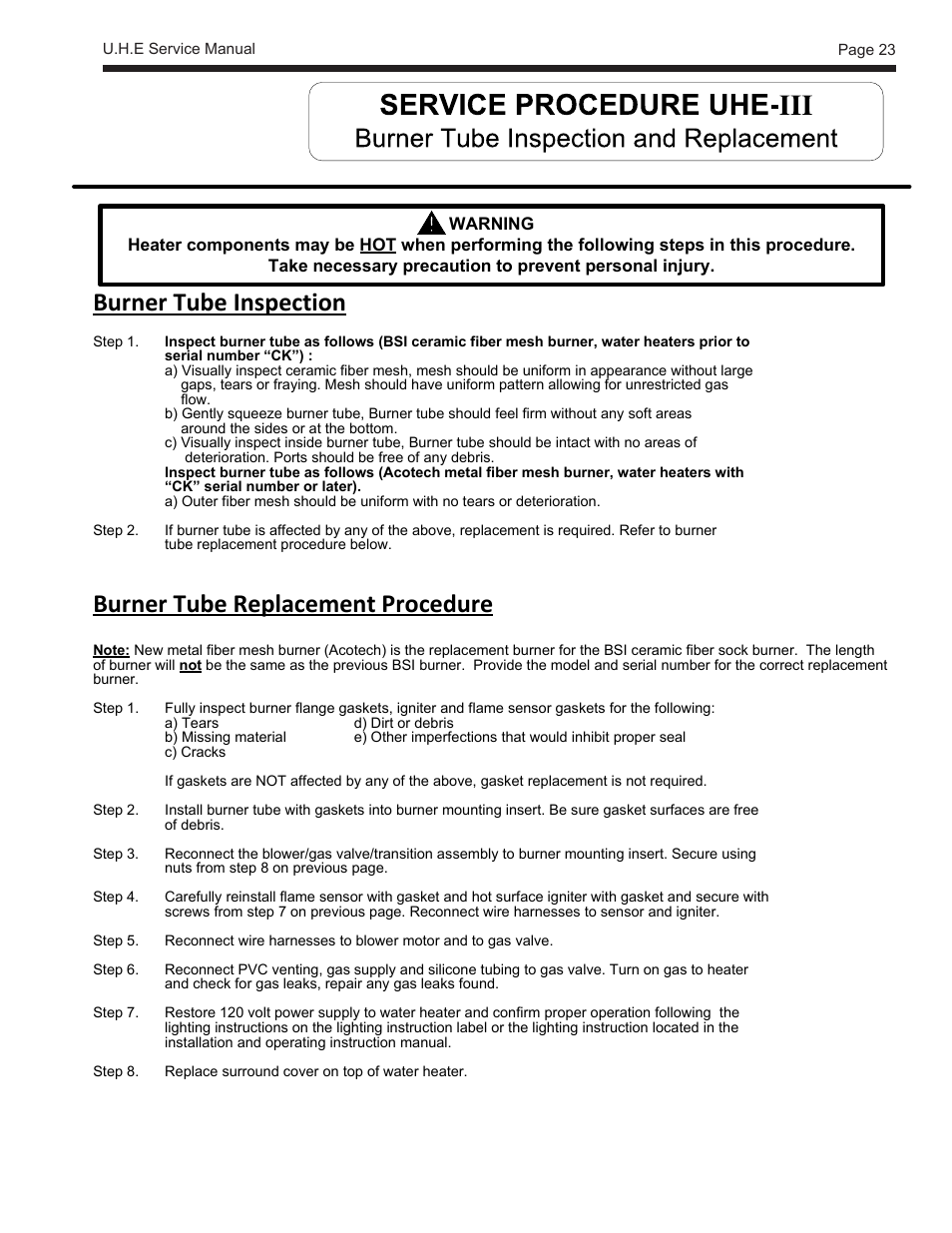 Burner tube inspection, Burner tube replacement procedure | LAARS U.H.E. - Service Manual User Manual | Page 23 / 48