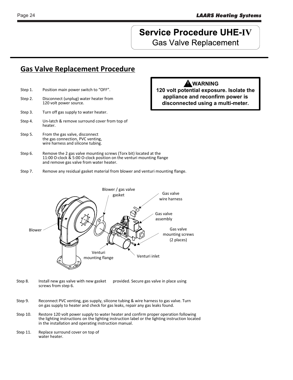 Gas valve replacement procedure | LAARS U.H.E. - Service Manual User Manual | Page 24 / 48