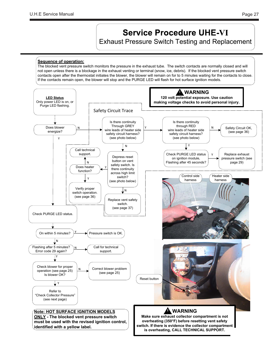 Exhaust pressure switch testing and replacement, Safety circuit trace, Warning | LAARS U.H.E. - Service Manual User Manual | Page 27 / 48