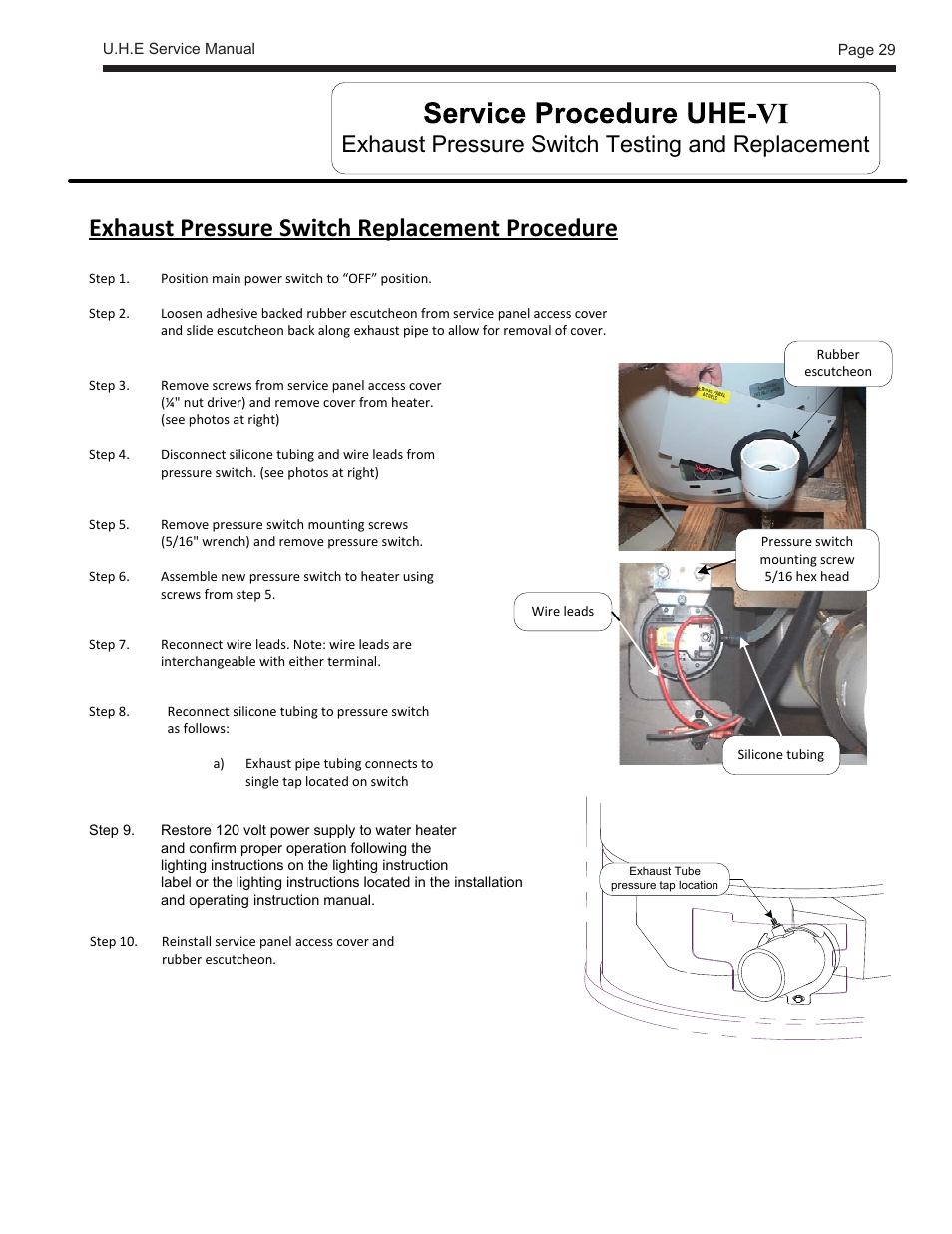 Exhaust pressure switch replacement procedure, Exhaust pressure switch testing and replacement | LAARS U.H.E. - Service Manual User Manual | Page 29 / 48