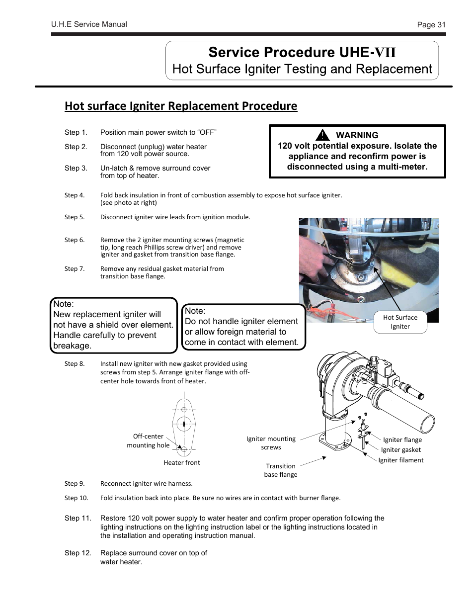 Hot surface igniter replacement procedure | LAARS U.H.E. - Service Manual User Manual | Page 31 / 48