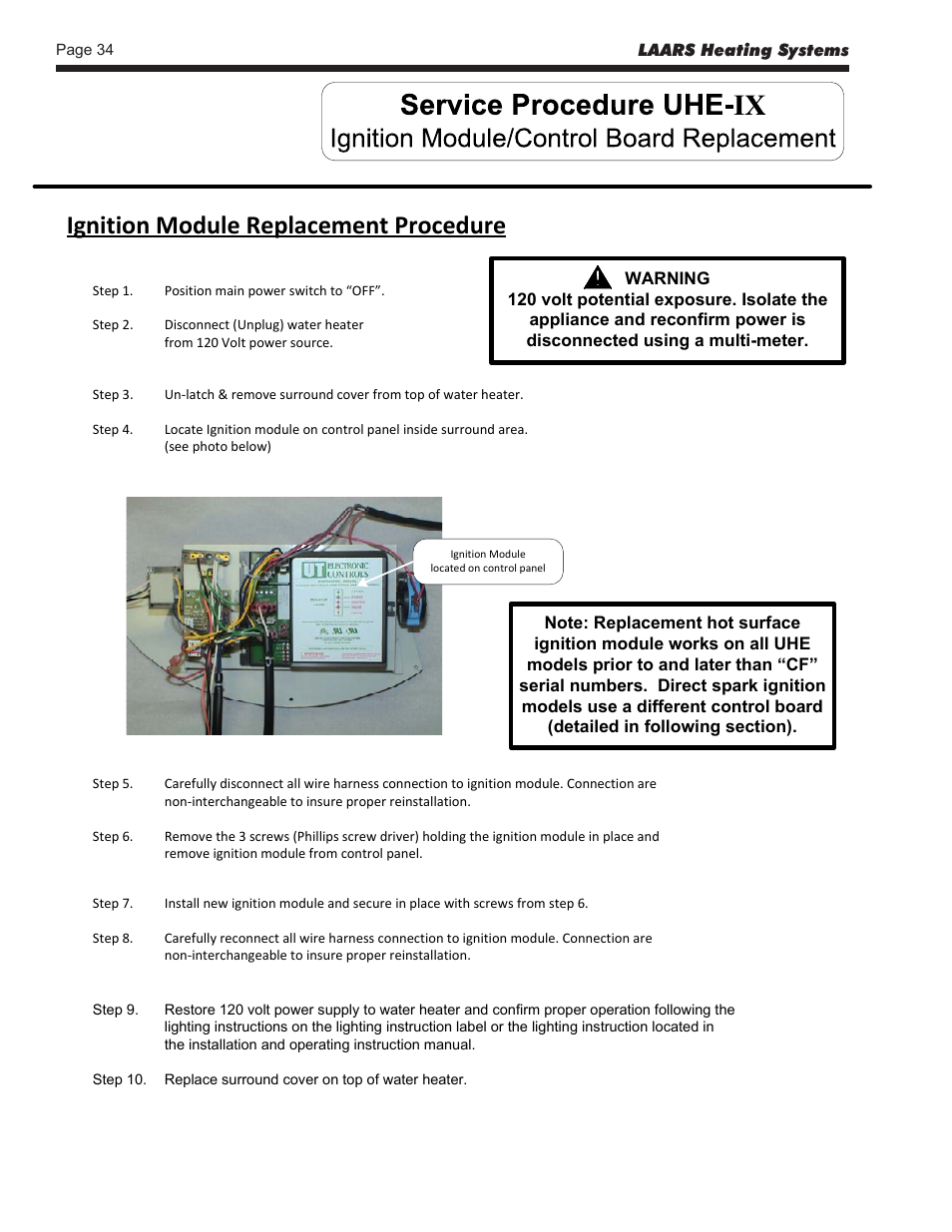 Ignition module replacement procedure | LAARS U.H.E. - Service Manual User Manual | Page 34 / 48