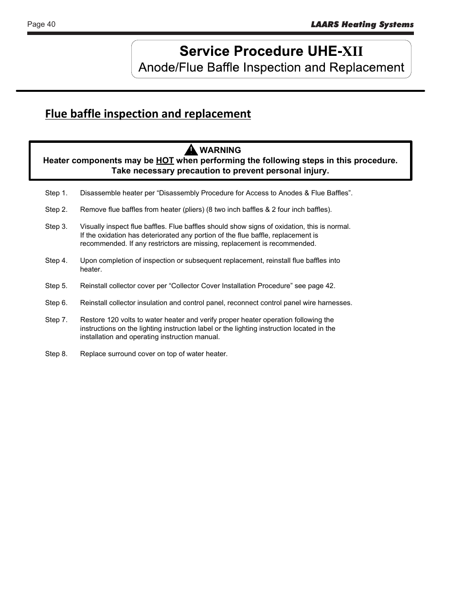 Flue baffle inspection and replacement | LAARS U.H.E. - Service Manual User Manual | Page 40 / 48