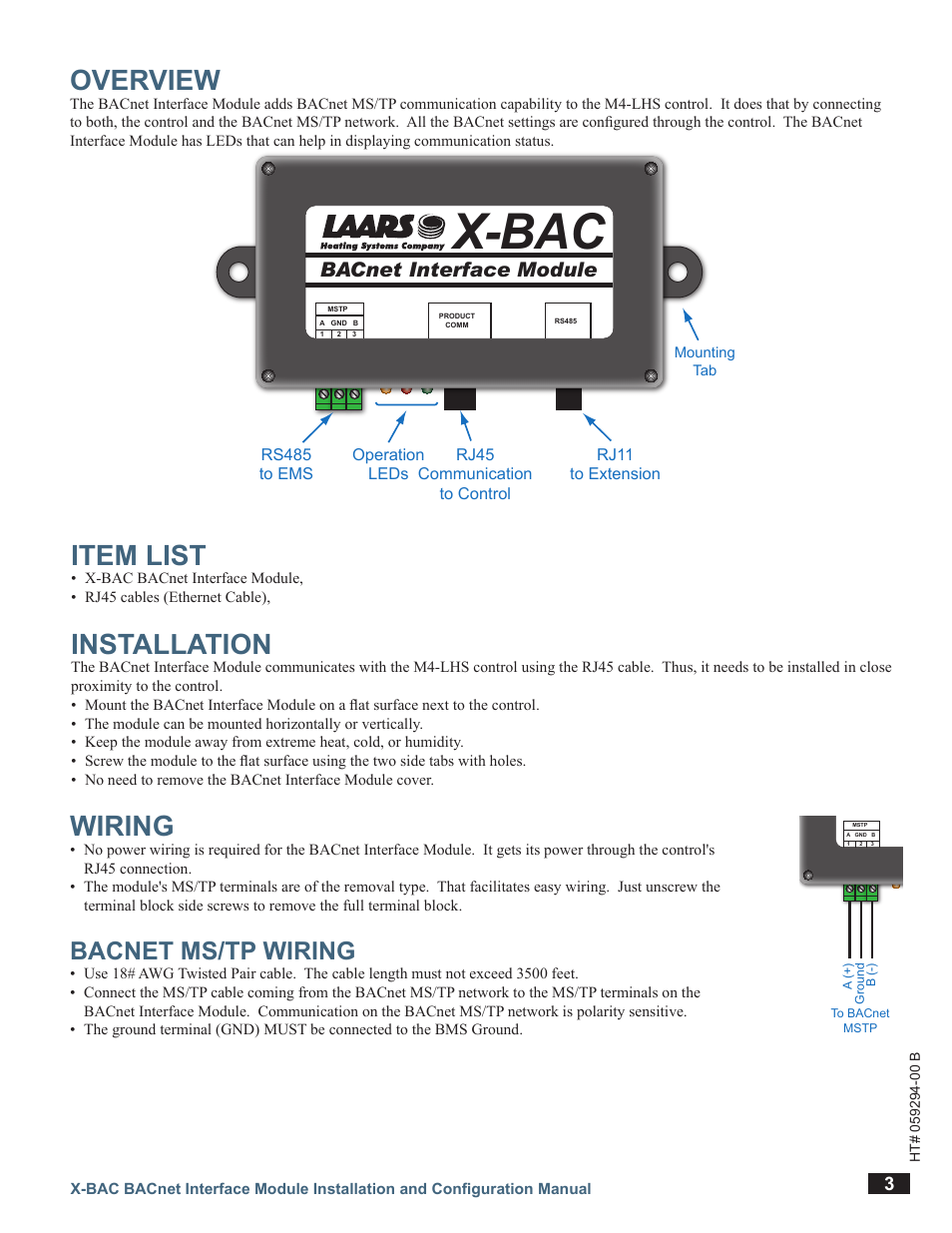 Overview, Item list, Installation | Wiring, Bacnet ms/tp wiring, X-bac, Bacnet interface module | LAARS X-BAC BACnet Interface Module - Install and Operating Manual User Manual | Page 3 / 8