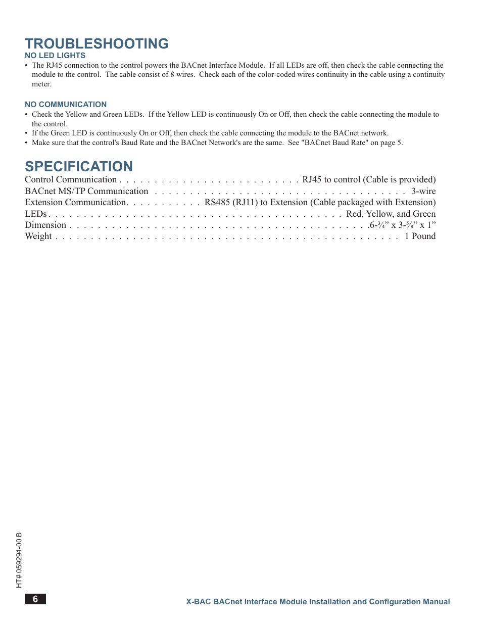Troubleshooting, No led lights, No communication | Specification | LAARS X-BAC BACnet Interface Module - Install and Operating Manual User Manual | Page 6 / 8