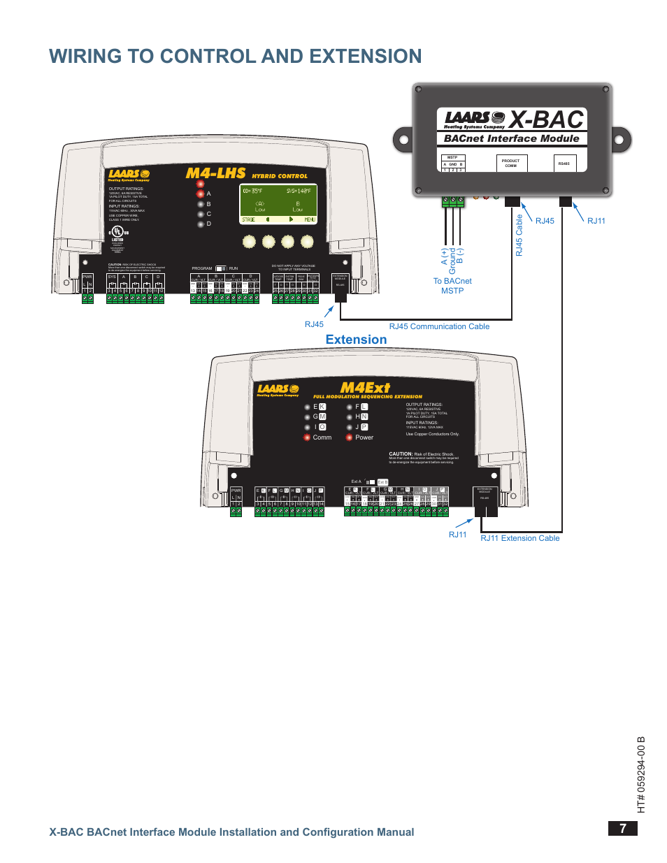 Wiring to control and extension, X-bac, M4-lhs | M4ext, Extension, Bacnet interface module, Rj45 communication cable rj45 cable, A (+) ground b (-) to bacnet mstp, F h j power, Eg i comm | LAARS X-BAC BACnet Interface Module - Install and Operating Manual User Manual | Page 7 / 8