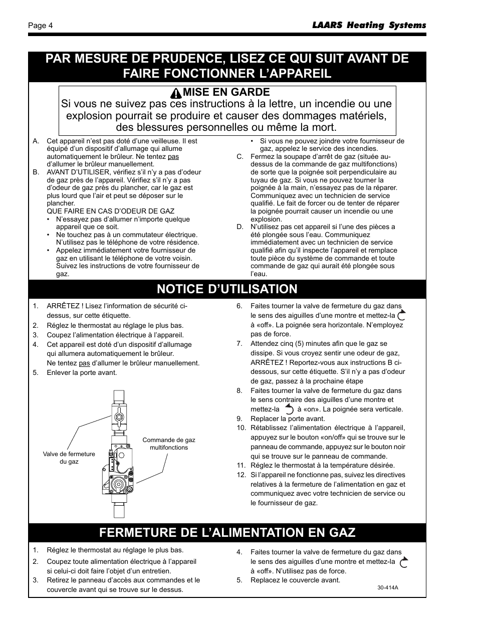 Notice d’utilisation, Fermeture de l’alimentation en gaz | LAARS EDN Series - Users Manual User Manual | Page 4 / 8