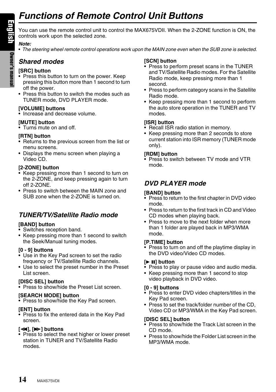Functions of remote control unit buttons, English, Shared modes | Tuner/tv/satellite radio mode, Dvd player mode | Clarion MAX675VDII User Manual | Page 10 / 72