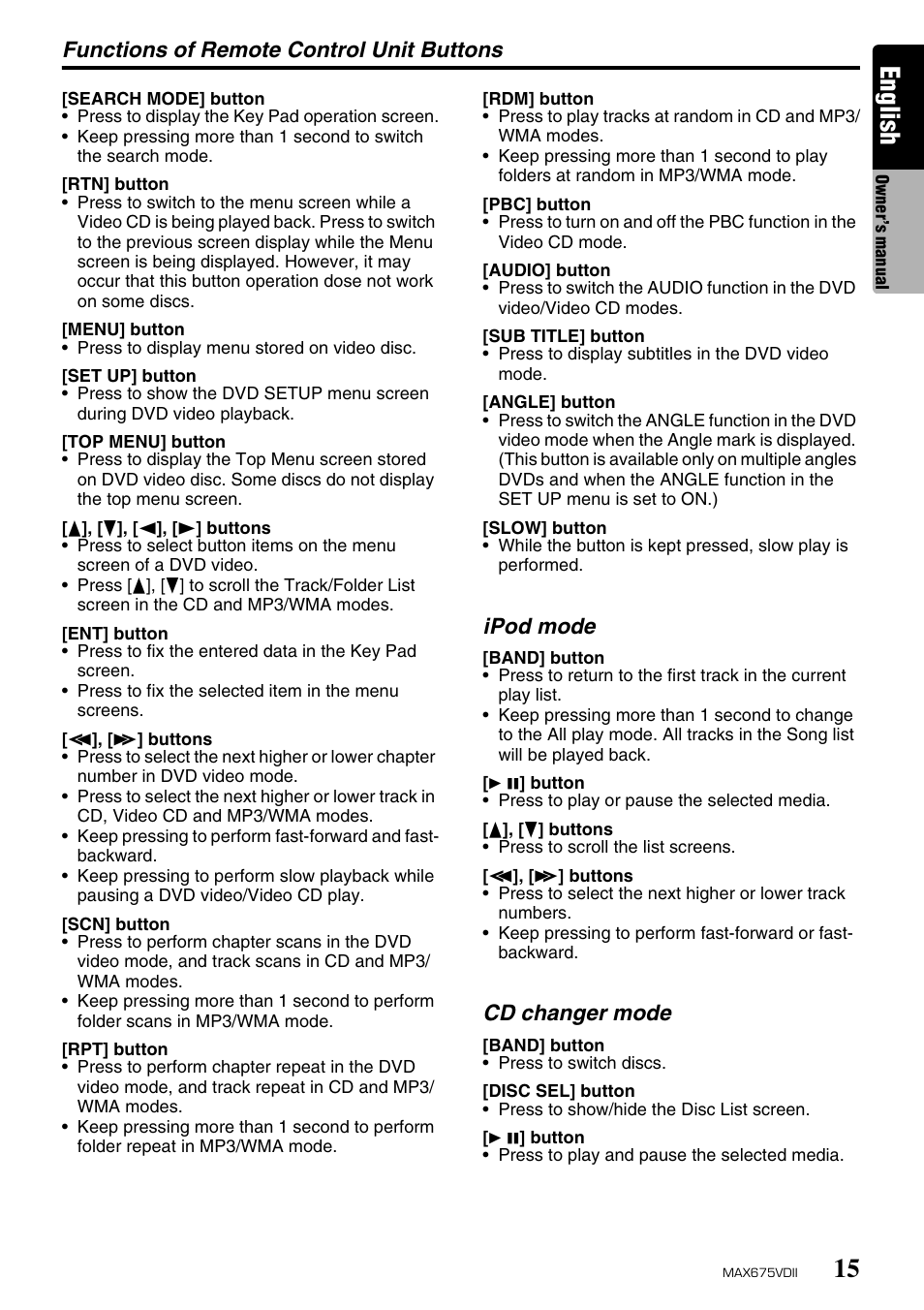 English, Functions of remote control unit buttons, Ipod mode | Cd changer mode | Clarion MAX675VDII User Manual | Page 11 / 72