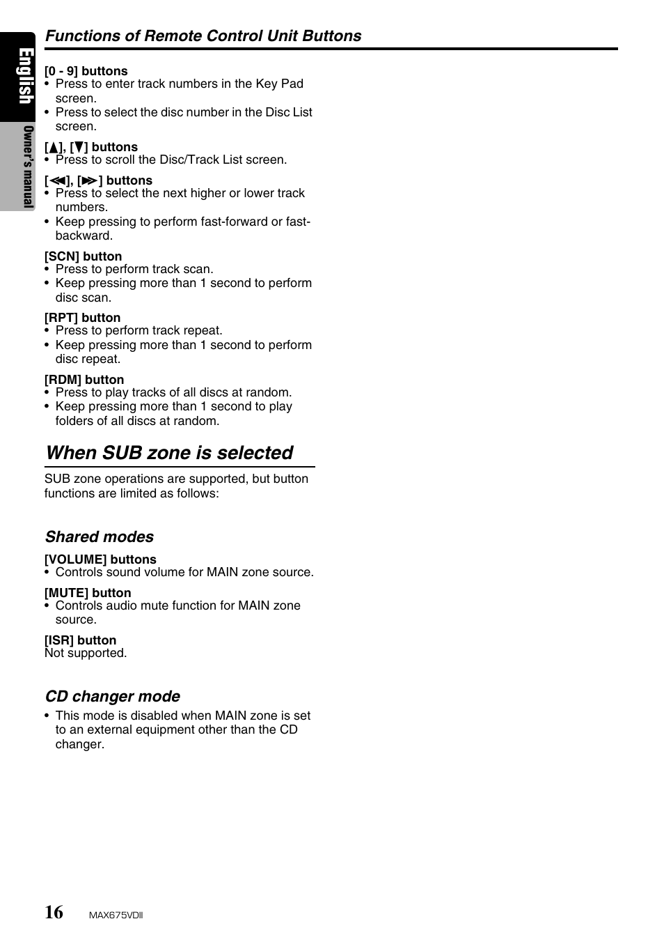 English, When sub zone is selected | Clarion MAX675VDII User Manual | Page 12 / 72