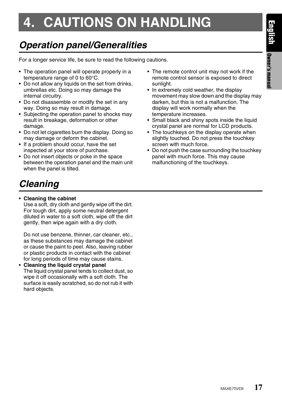 Cautions on handling, Operation panel/generalities, Cleaning | English | Clarion MAX675VDII User Manual | Page 13 / 72