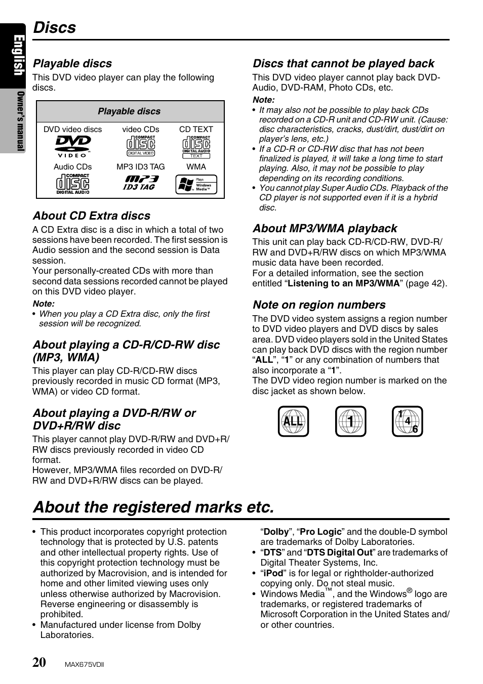 Discs, About the registered marks etc, English | Clarion MAX675VDII User Manual | Page 16 / 72