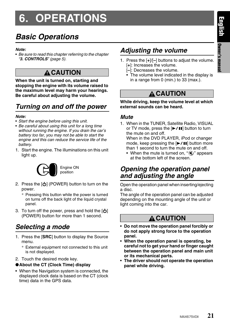 Operations, Basic operations, English | Caution, Turning on and off the power, Selecting a mode, Adjusting the volume | Clarion MAX675VDII User Manual | Page 17 / 72