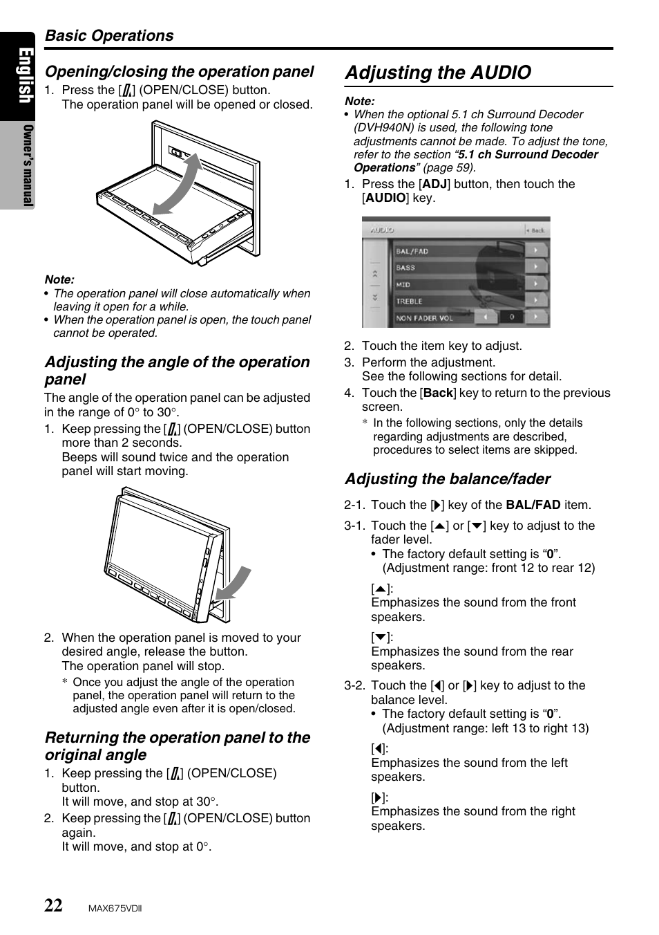 English, Adjusting the audio, Basic operations | Opening/closing the operation panel, Adjusting the angle of the operation panel, Adjusting the balance/fader | Clarion MAX675VDII User Manual | Page 18 / 72