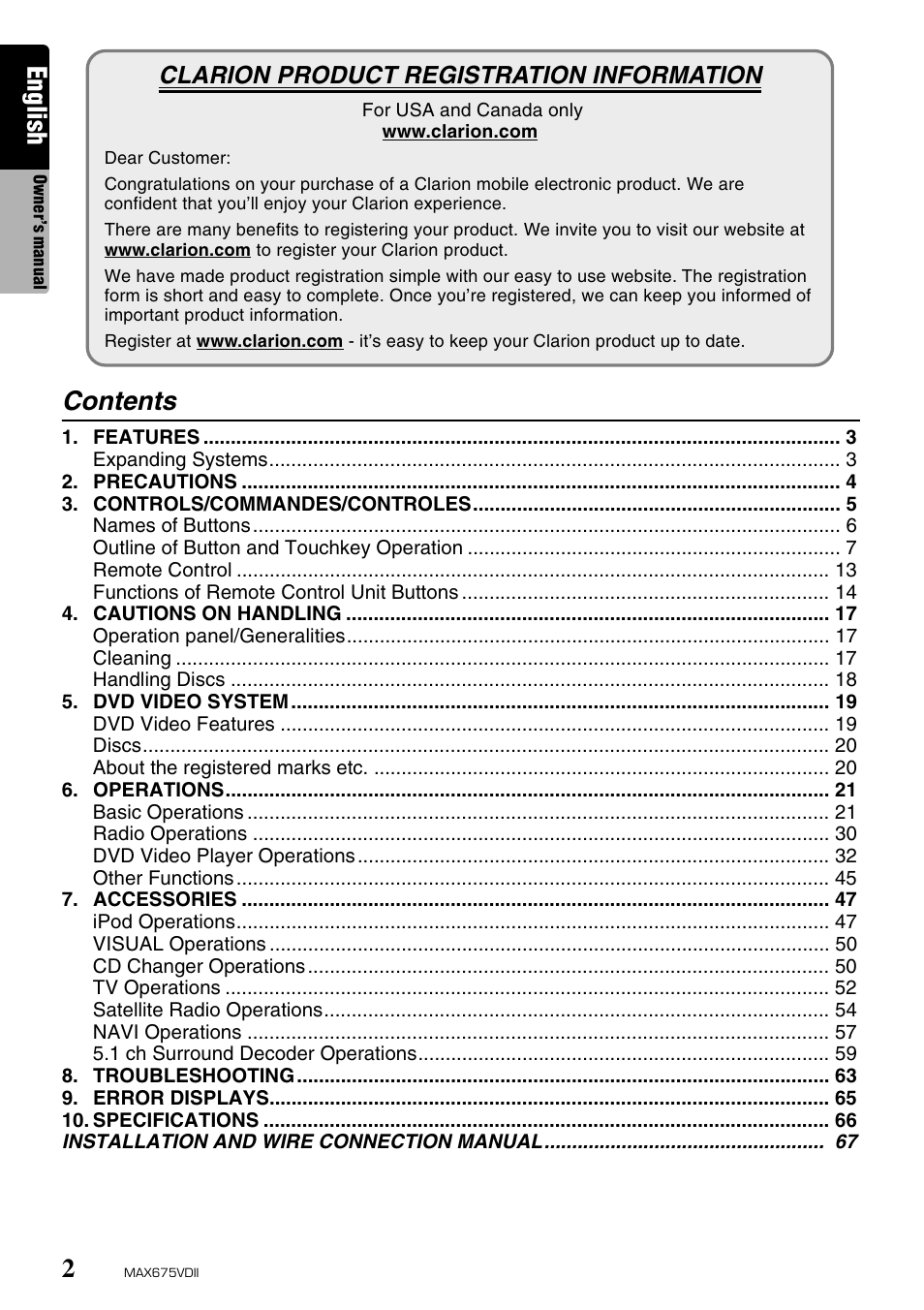 Clarion MAX675VDII User Manual | Page 2 / 72