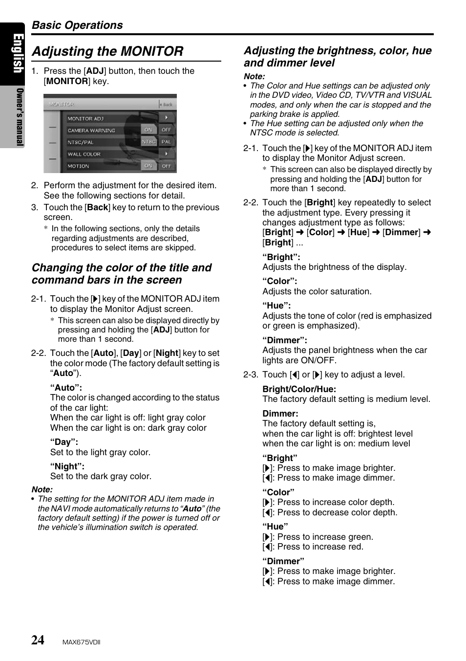 English, Adjusting the monitor, Basic operations | Clarion MAX675VDII User Manual | Page 20 / 72