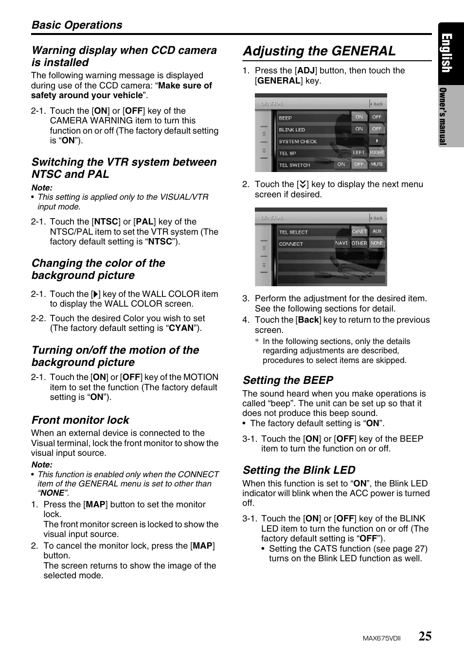 English, Adjusting the general | Clarion MAX675VDII User Manual | Page 21 / 72