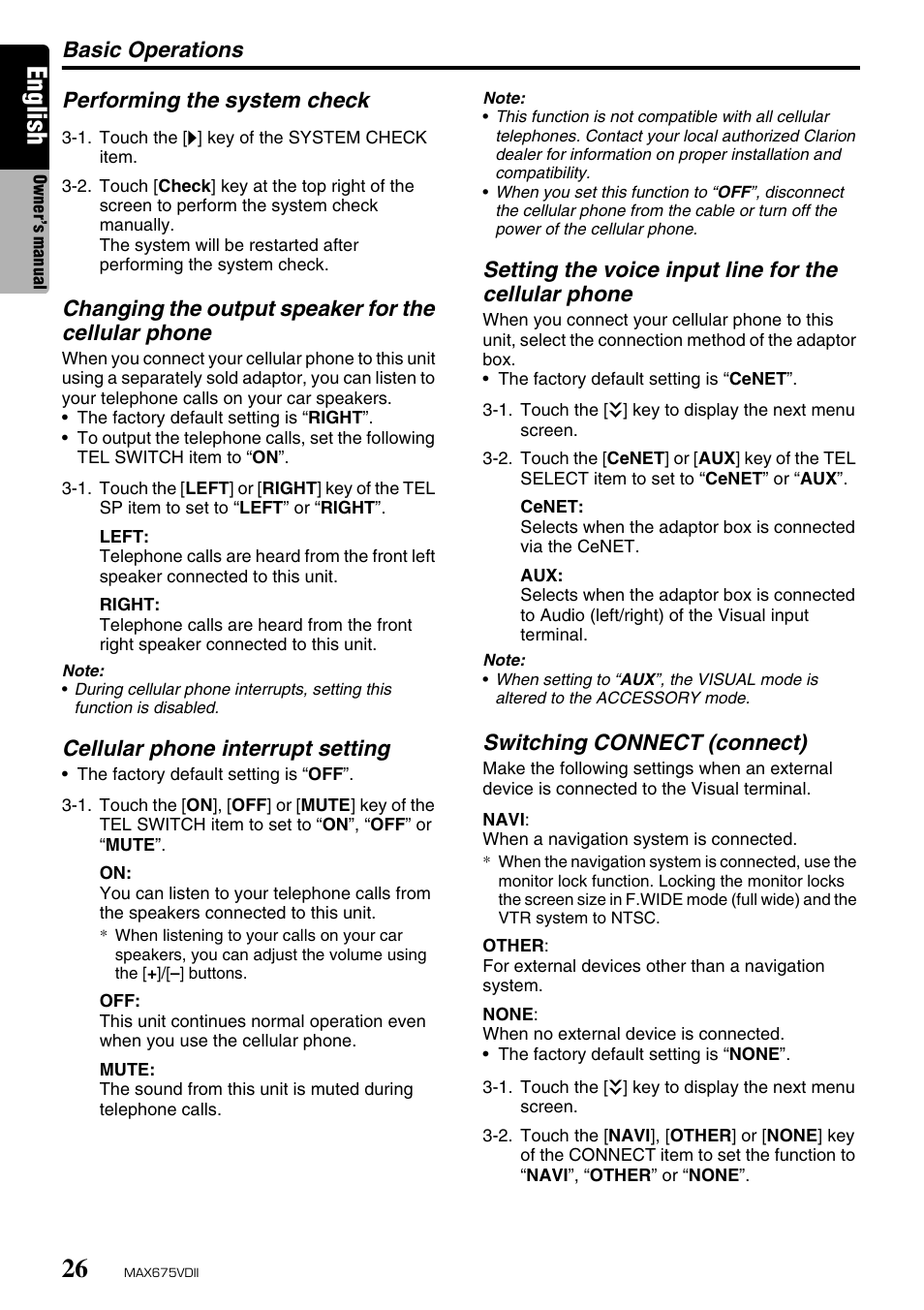 English, Basic operations, Cellular phone interrupt setting | Switching connect (connect) | Clarion MAX675VDII User Manual | Page 22 / 72